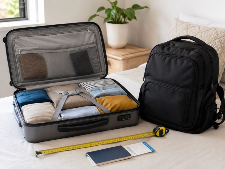 Mala de cabine aberta com roupa organizada, mochila de viagem e fita métrica para preparar uma viagem sem pagar bagagem extra.