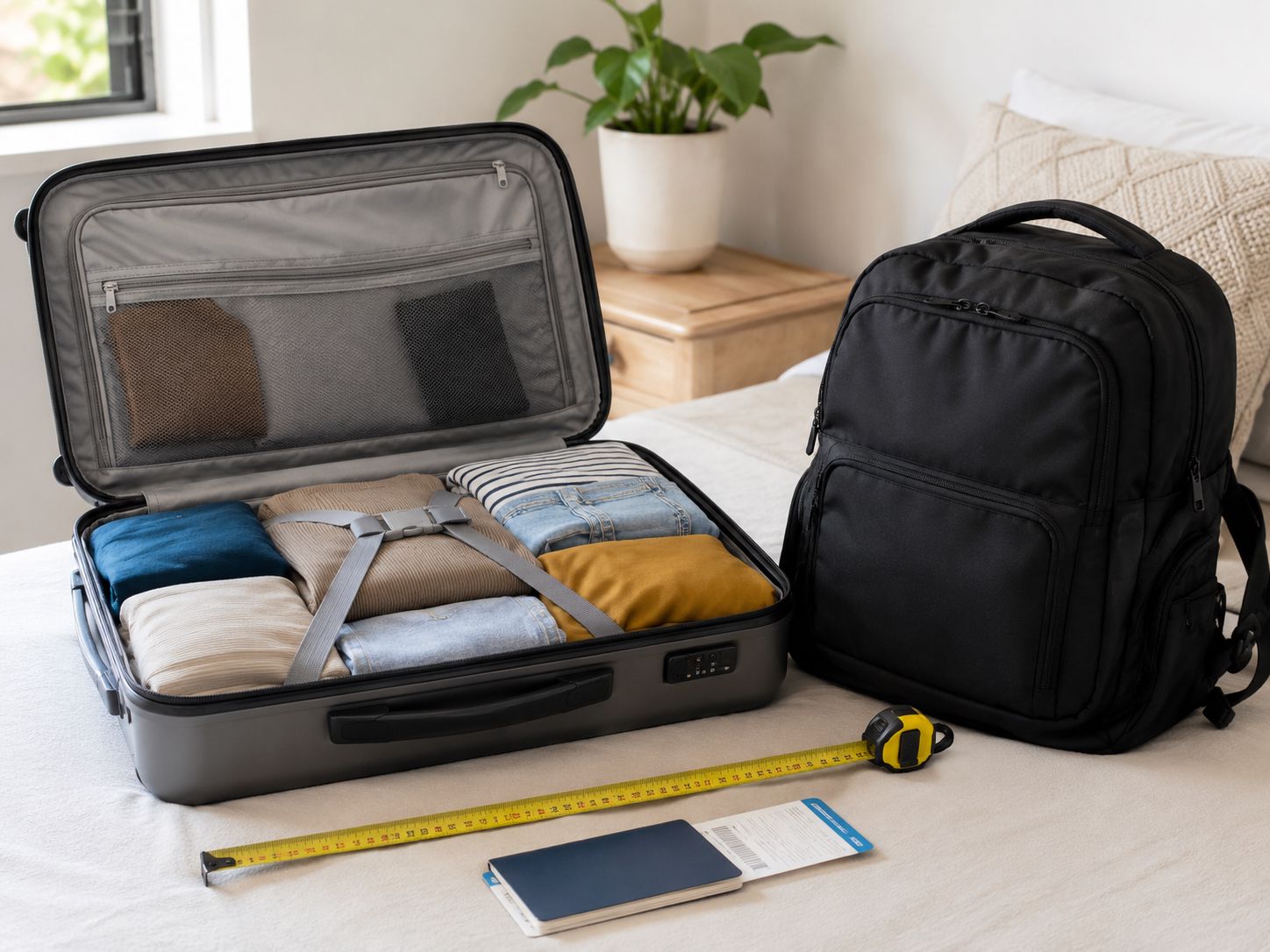 Mala de cabine aberta com roupa organizada, mochila de viagem e fita métrica para preparar uma viagem sem pagar bagagem extra.