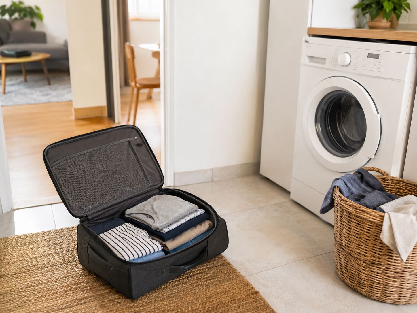 Mala pequena com roupa organizada junto a uma máquina de lavar, mostrando como escolher alojamento com lavandaria ajuda a viajar com menos bagagem.