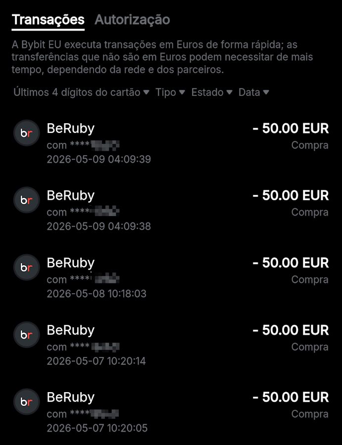 Lista de transações de compra de cartões presente Decathlon no Beruby com o cartão Bybit