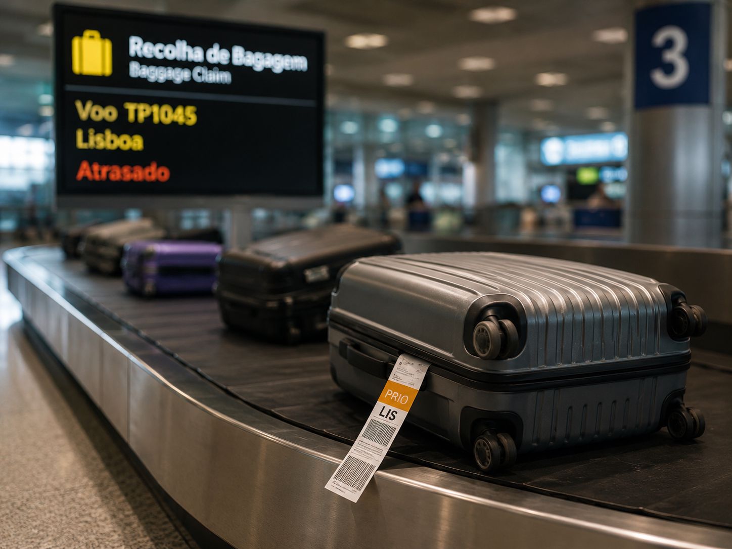 Mala de viagem numa zona de recolha de bagagem com indicação de voo atrasado no aeroporto