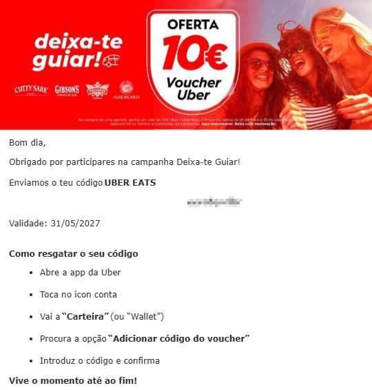 Campanha Deixa-te Guiar - Email com voucher Uber Eats de 10€