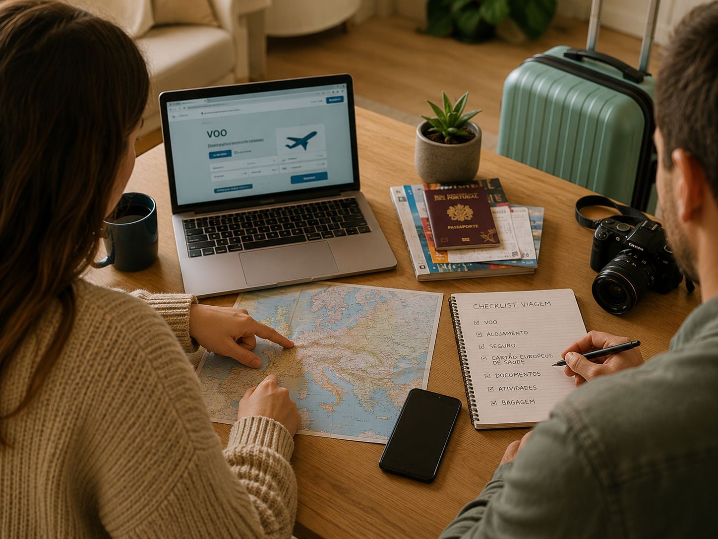 Duas pessoas a preparar uma viagem em casa com portátil, checklist, passaporte e mala ao lado