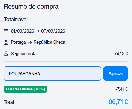 Simulação de seguro de viagem na Intermundial usando o cupão POUPAEGANHA