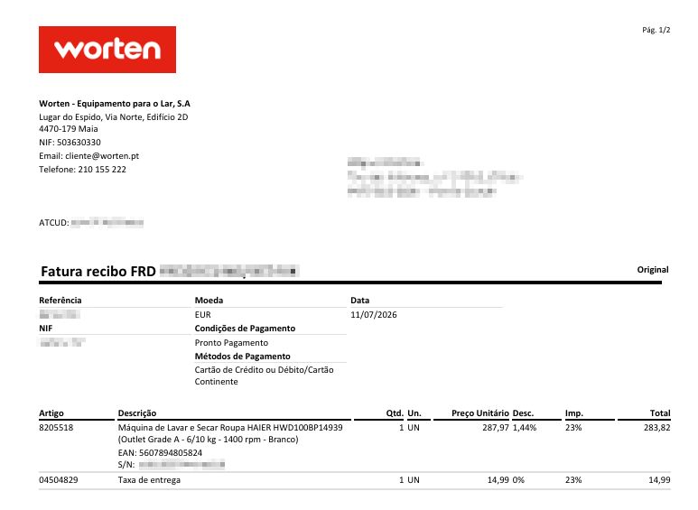 Fatura da compra da máquina Haier HWD100BP14939 por 283,82€ na Worten