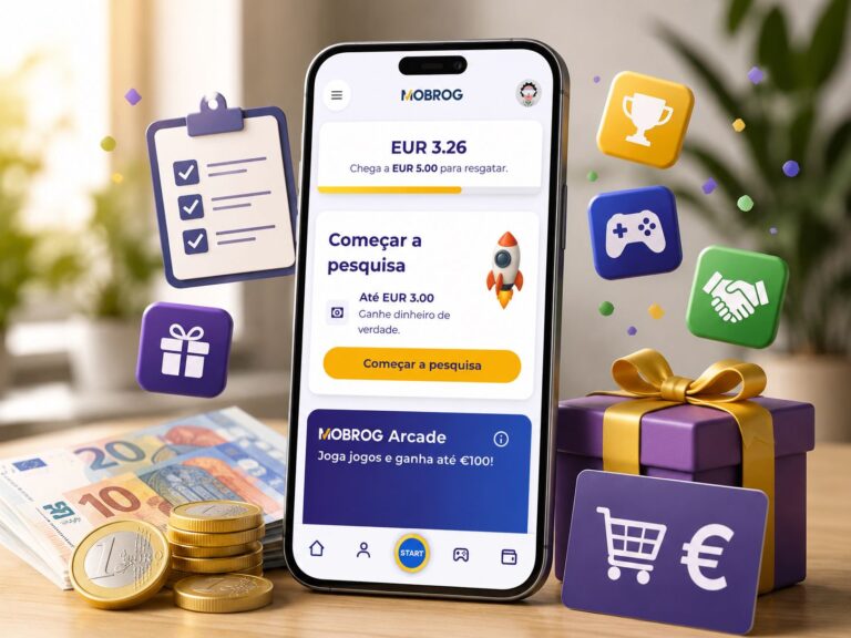Telemóvel com a aplicação MOBROG, inquéritos remunerados, jogos, prémios e recompensas em euros