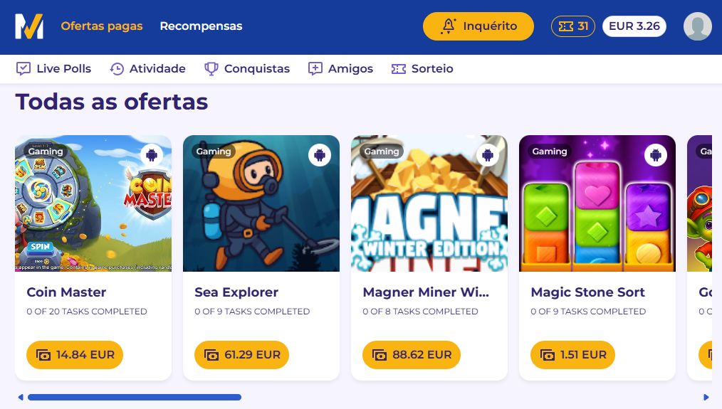 Ofertas pagas disponíveis na Mobrog