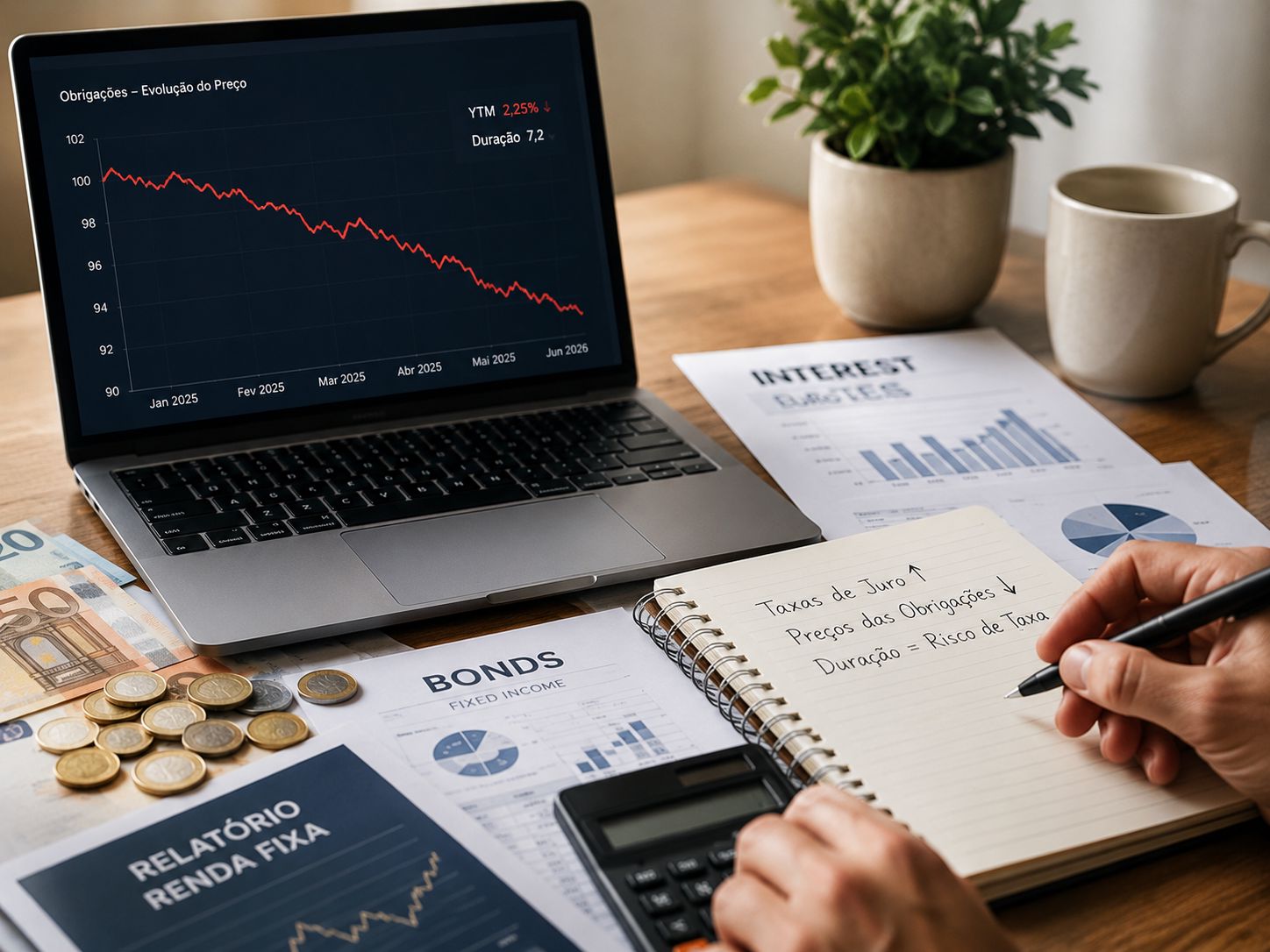 Pessoa a analisar um gráfico financeiro em queda relacionado com obrigações e taxas de juro