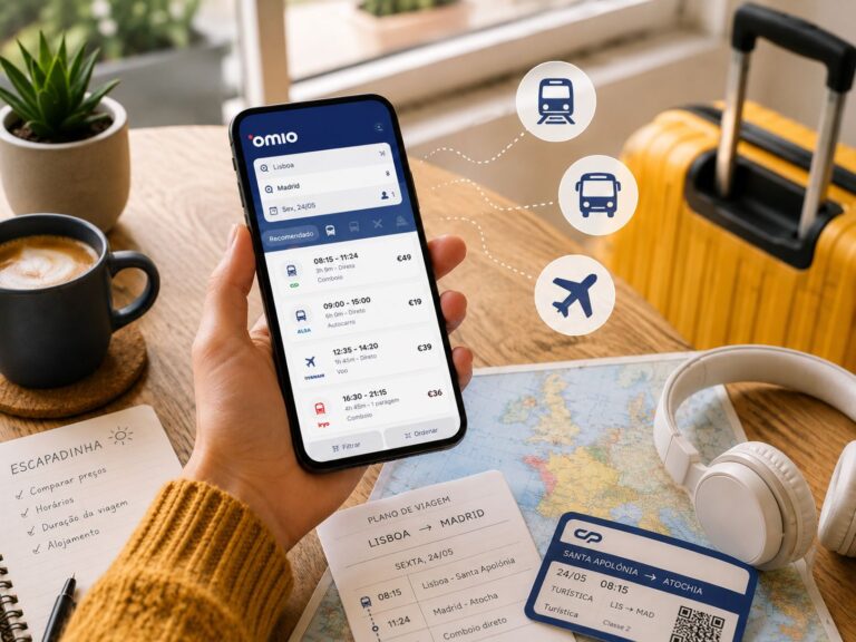 Pessoa a comparar opções de viagem entre Lisboa e Madrid no telemóvel, com mala de viagem ao lado