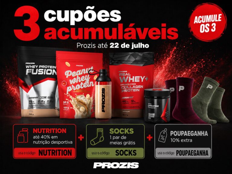 Produtos Prozis com os cupões NUTRITION, SOCKS e POUPAEGANHA acumuláveis na mesma encomenda até 22 de julho