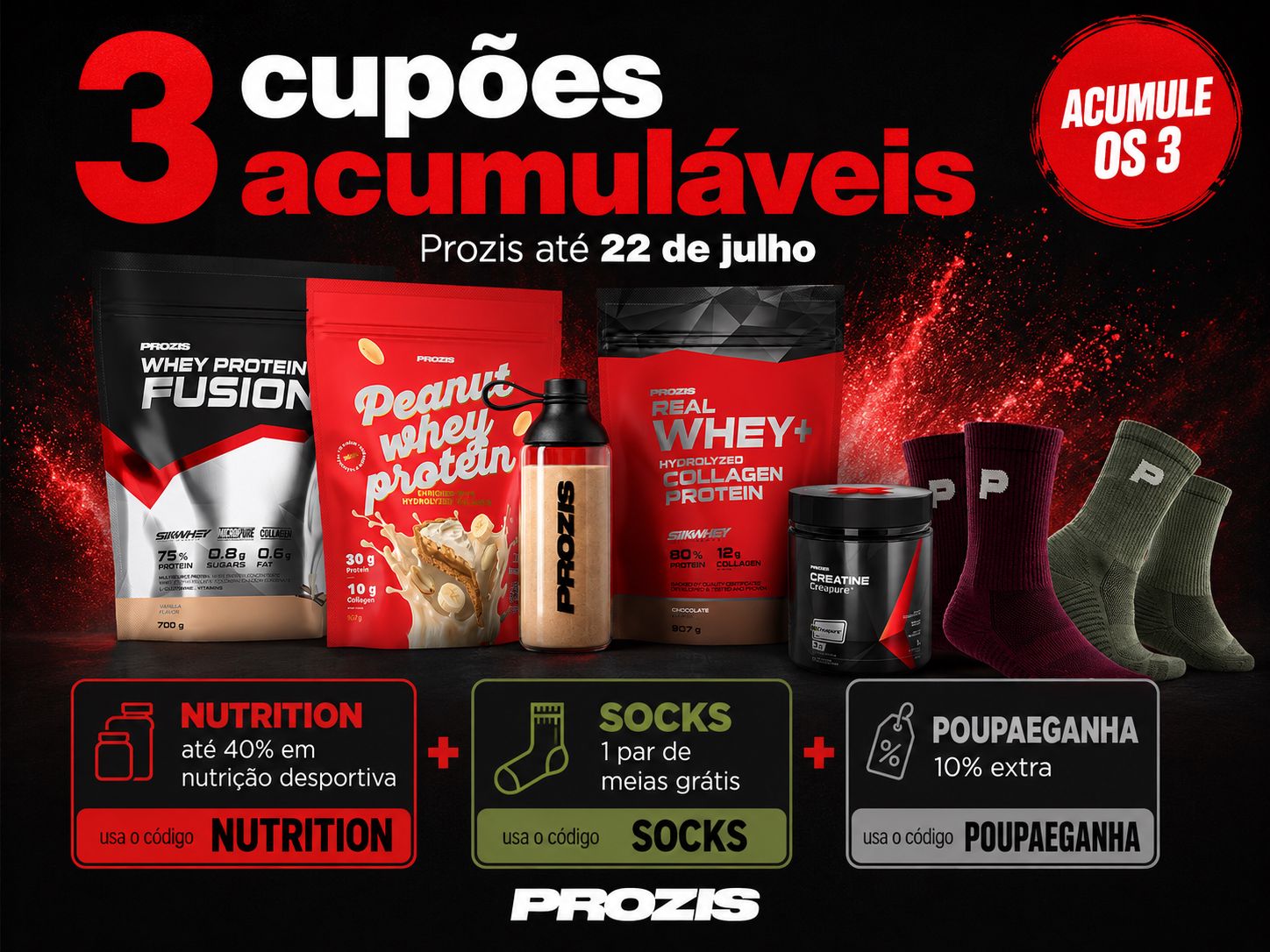 Produtos Prozis com os cupões NUTRITION, SOCKS e POUPAEGANHA acumuláveis na mesma encomenda até 22 de julho