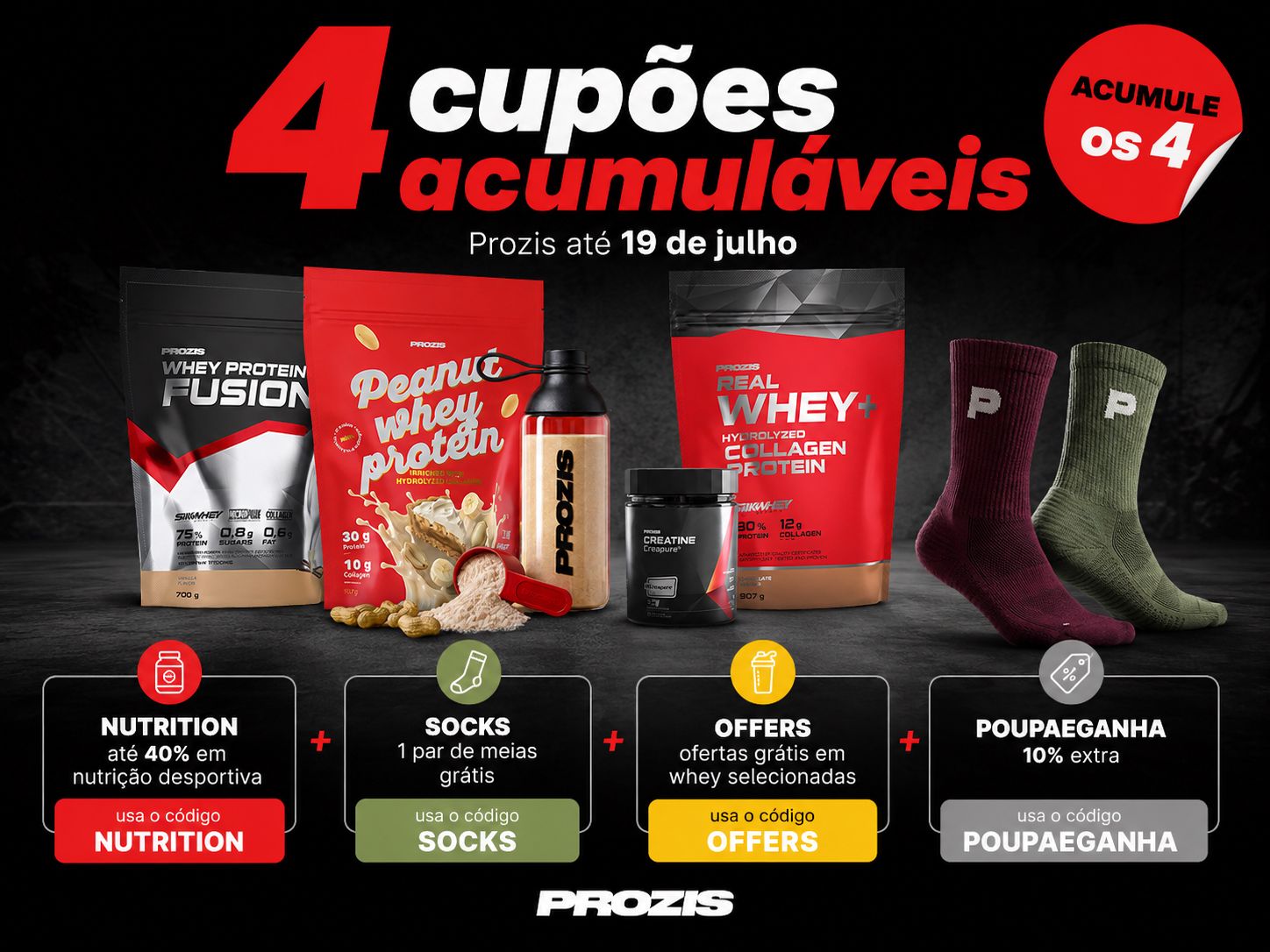 Produtos Prozis com os cupões NUTRITION, SOCKS, OFFERS e POUPAEGANHA acumuláveis na mesma encomenda