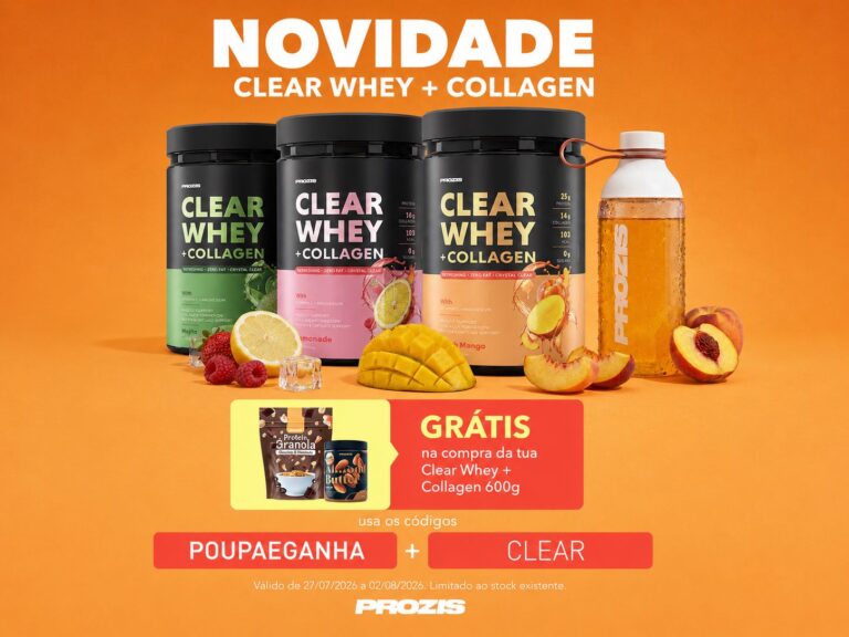 Clear Whey + Collagen da Prozis com oferta de Protein Granola e Almond Butter