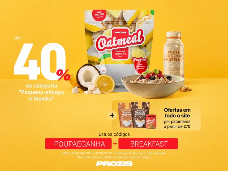 Produtos Prozis de pequeno-almoço e snacks com até 40% de desconto usando os códigos POUPAEGANHA e BREAKFAST