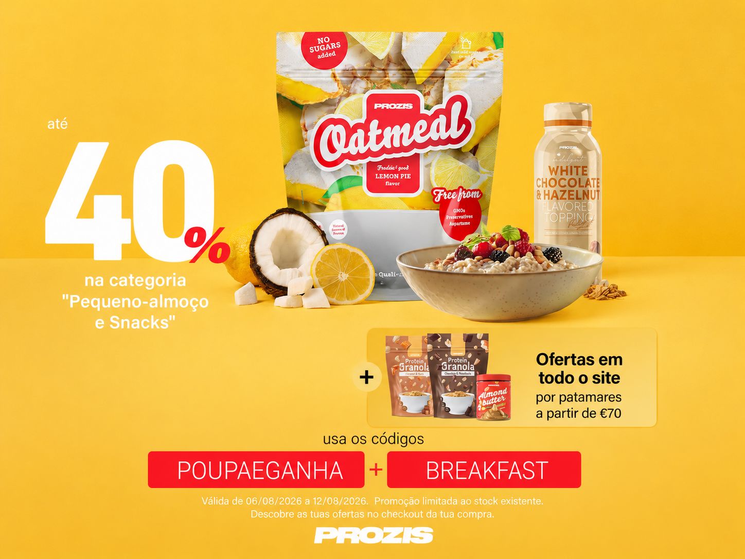 Produtos Prozis de pequeno-almoço e snacks com até 40% de desconto usando os códigos POUPAEGANHA e BREAKFAST