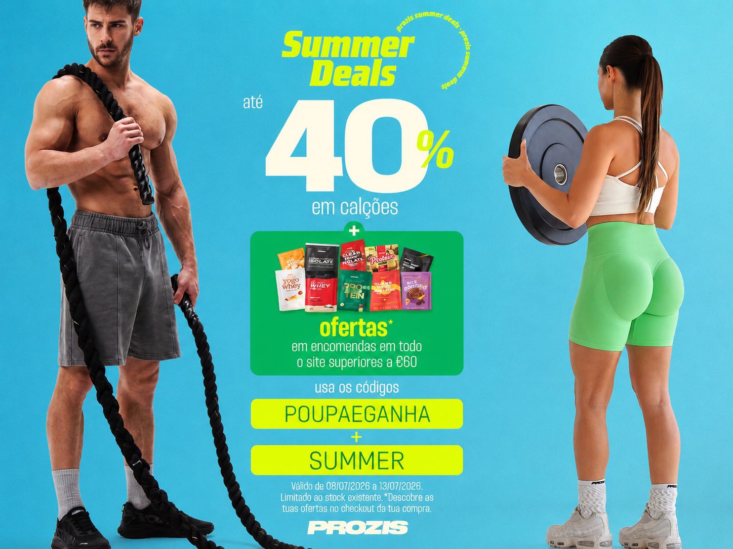 Campanha Prozis Summer Deals com até 40% em calções, ofertas em compras acima de 60€ e cupões POUPAEGANHA e SUMMER