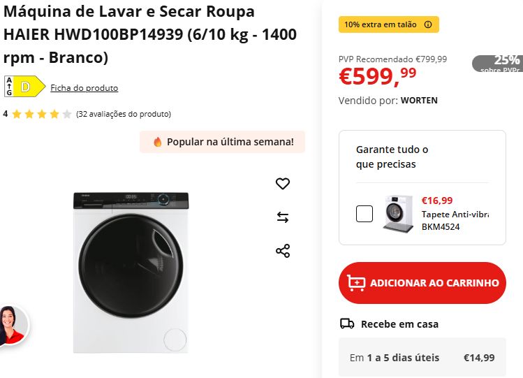 Máquina Haier HWD100BP14939 a 599,99€ na página da Worten