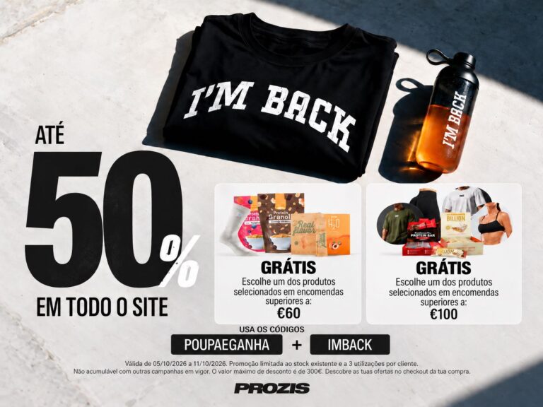 Campanha Prozis com até 50% de desconto e produtos grátis em encomendas superiores a 60€ ou 100€