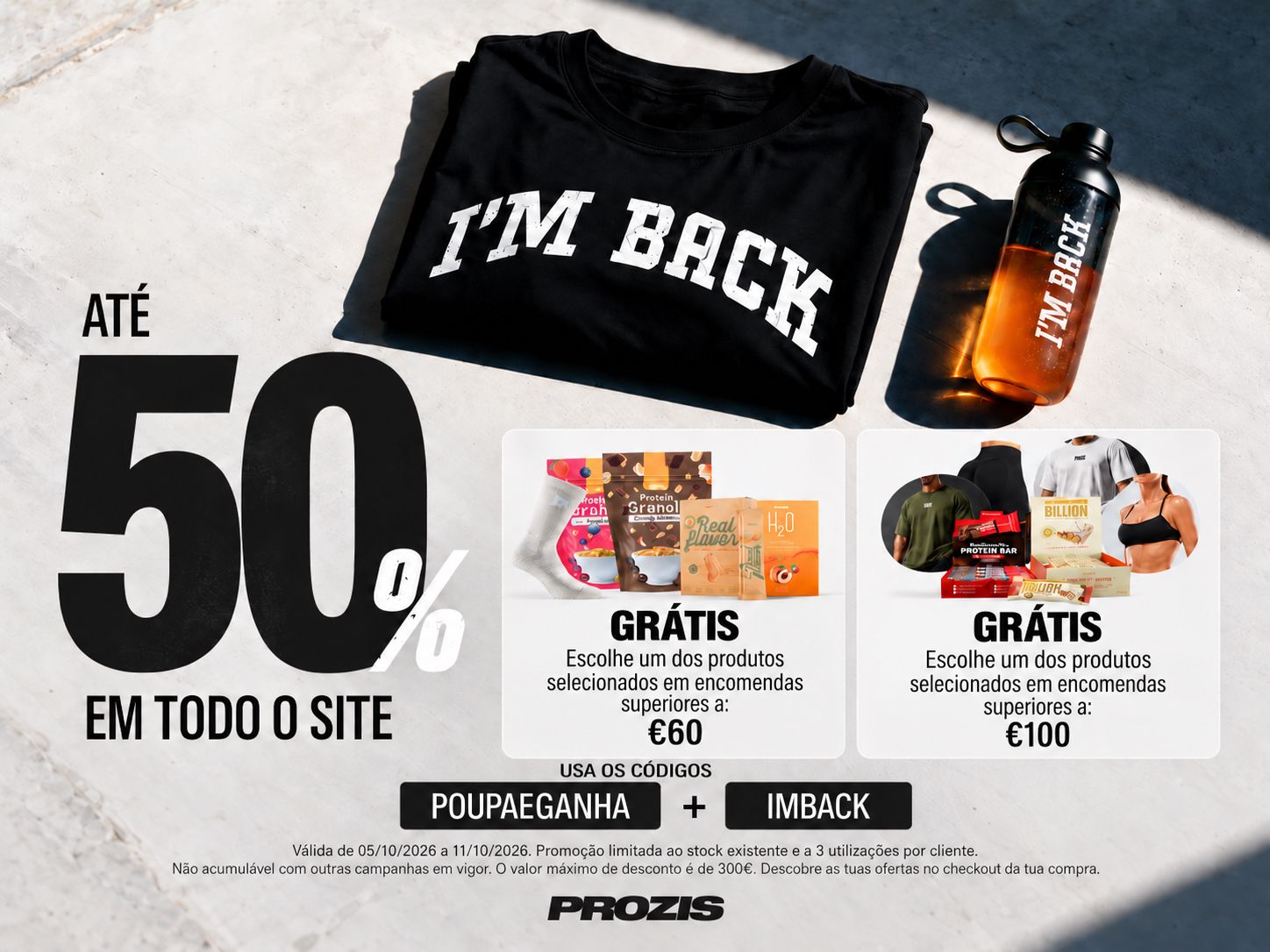 Campanha Prozis com até 50% de desconto e produtos grátis em encomendas superiores a 60€ ou 100€