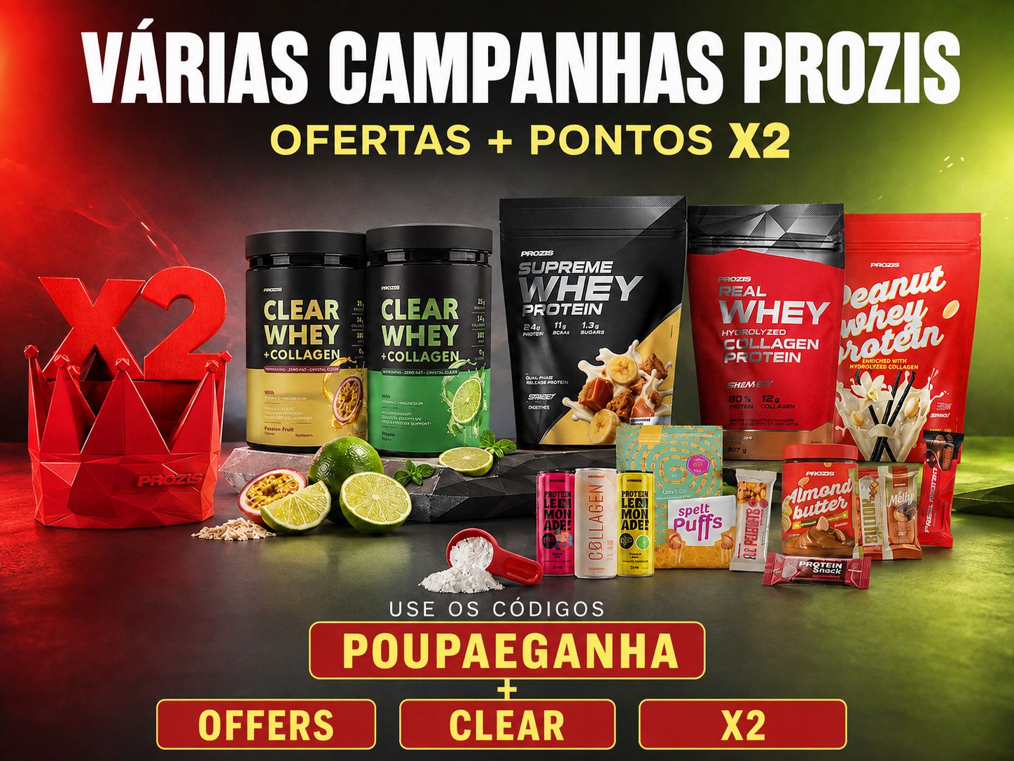 Várias campanhas Prozis com ofertas, ProzisPoints a dobrar e códigos POUPAEGANHA, OFFERS, CLEAR e X2