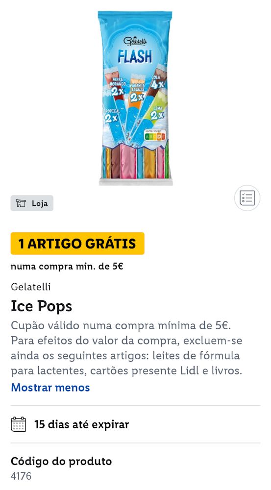 Cupão Lidl Plus para Gelatelli Ice Pops grátis numa compra mínima de 5€