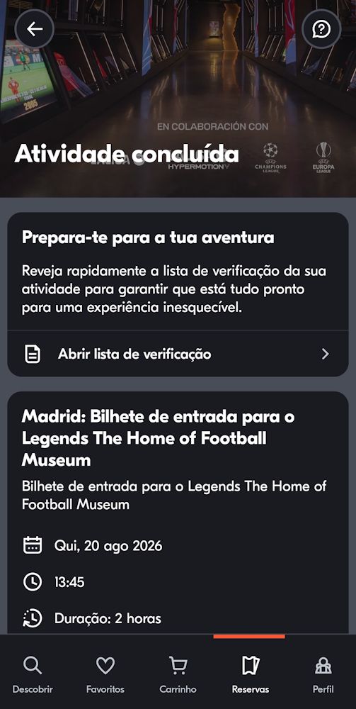 App GetYourGuide com a reserva para o LEGENDS The Home of Football Museum em Madrid