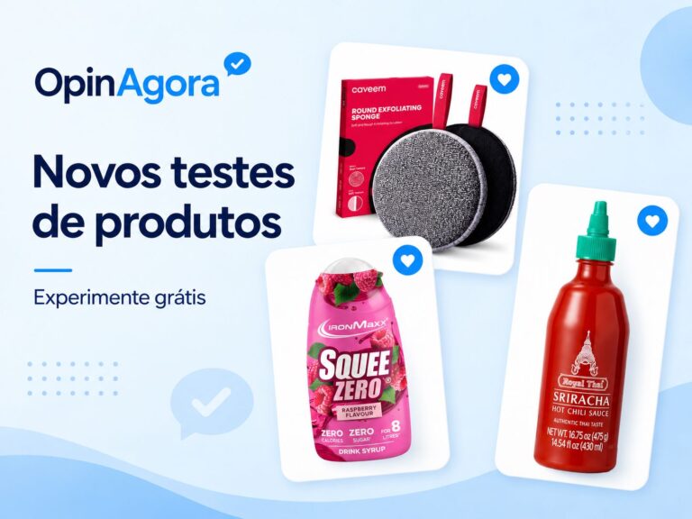 Novos testes de produtos na OpinAgora com esponja esfoliante, xarope sem açúcar IronMaxx Squee Zero e molho Royal Thai Sriracha