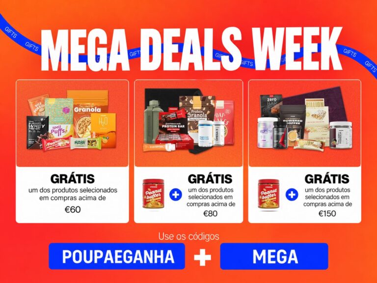 Campanha Prozis Mega Deals Week com ofertas em compras acima de 60€, 80€ e 150€ e os códigos POUPAEGANHA e MEGA