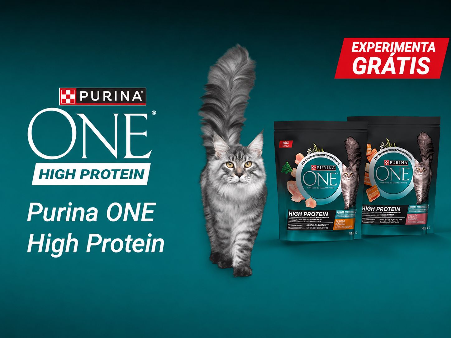 Purina ONE High Protein grátis com embalagens de frango e salmão e campanha Experimente Grátis