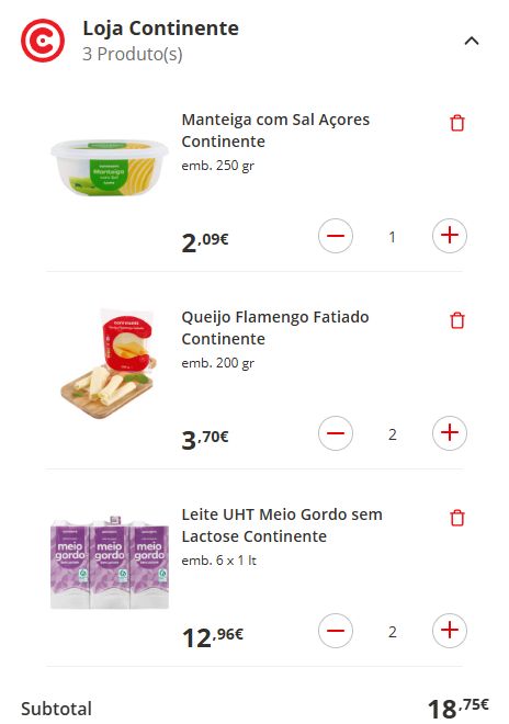 Simulação de compra de laticínios Continente