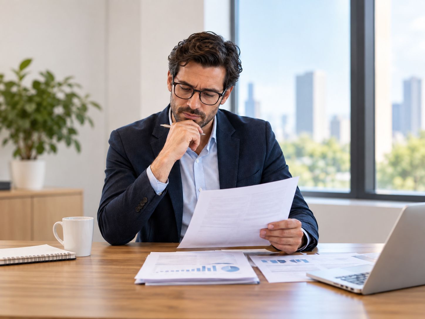 Empresário analisa documentos financeiros e opções de crédito para a sua PME