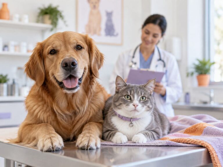 Cão e gato numa clínica veterinária durante uma consulta
