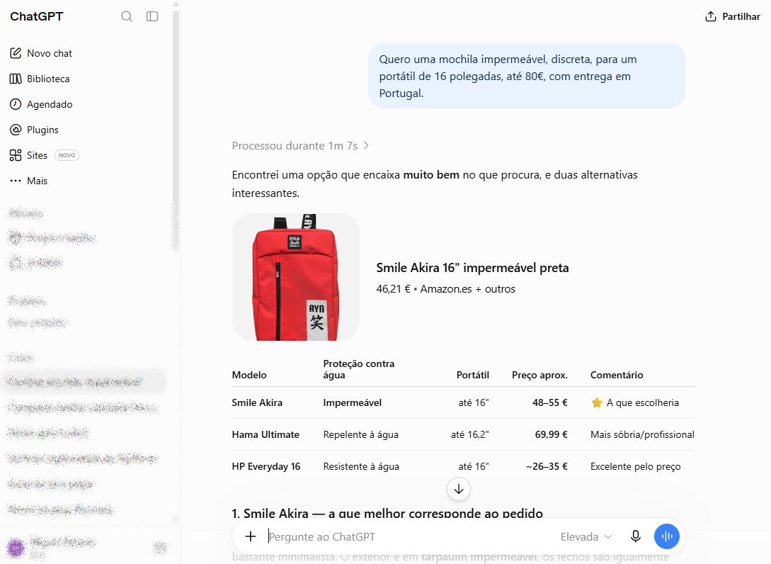 ChatGPT a comparar mochilas impermeáveis para portátil, com preços e características de várias opções disponíveis online