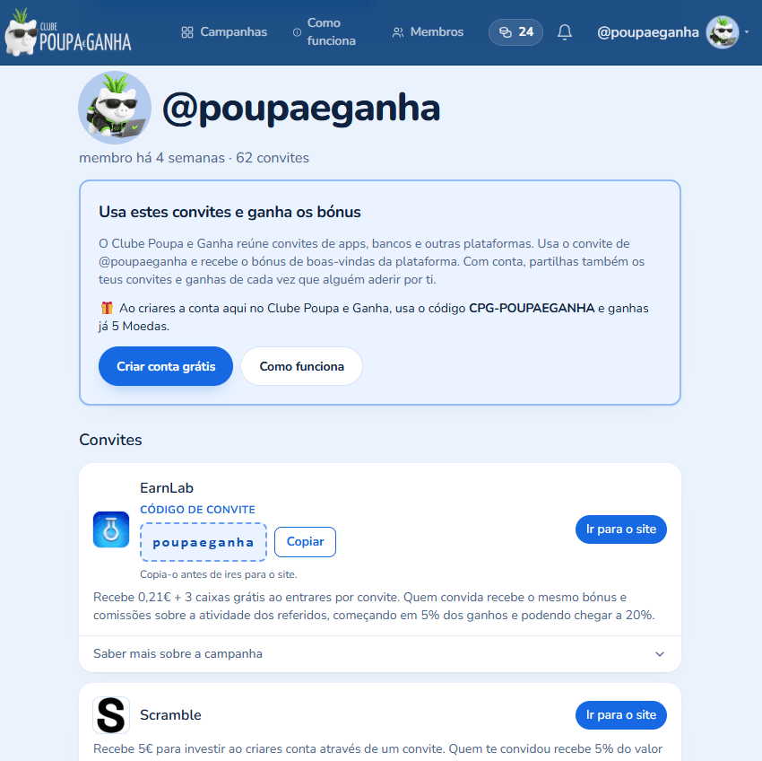 Página de perfil de membro no Clube Poupa e Ganha