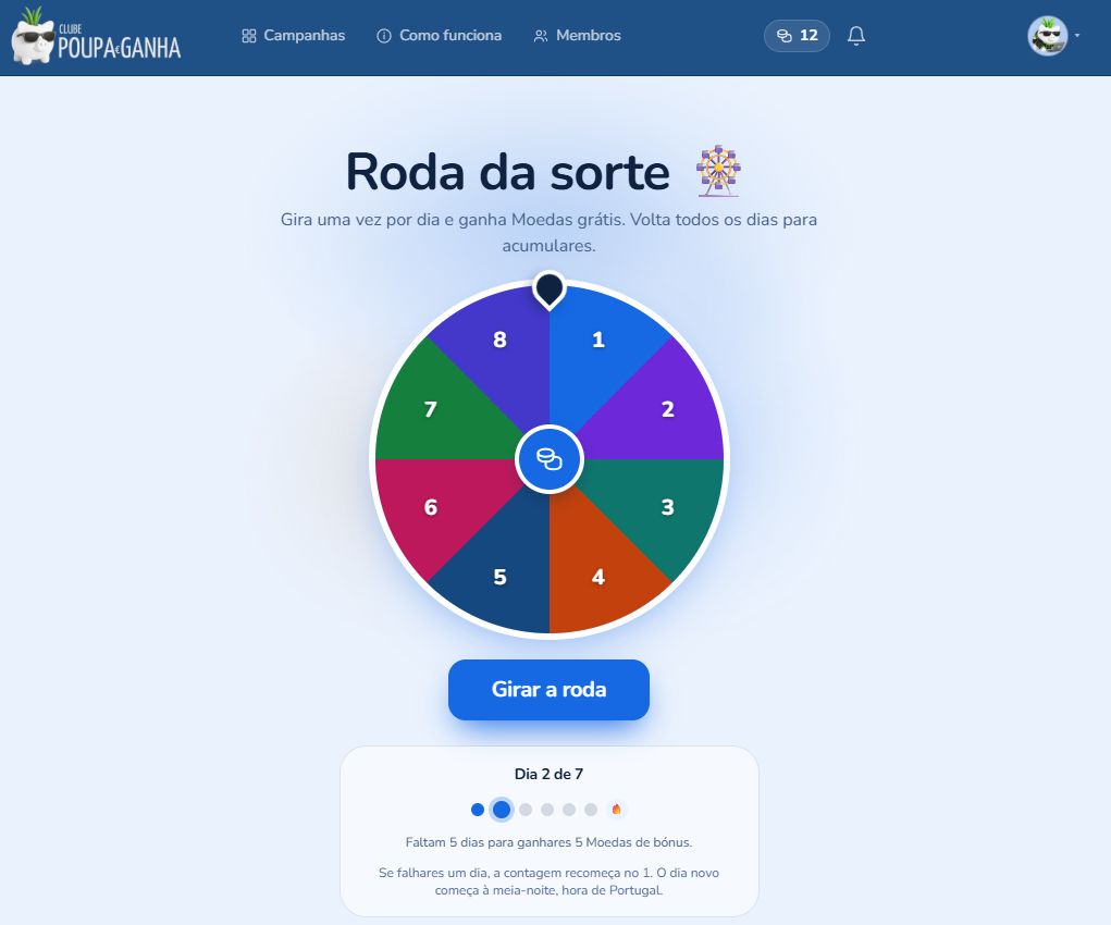 Roda Diária para ganhar moedas para usar no Clube Poupa e Ganha
