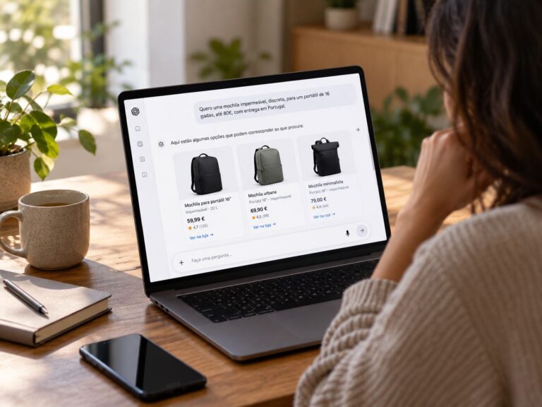 Mulher a usar um assistente de inteligência artificial para comparar mochilas e preços numa loja online