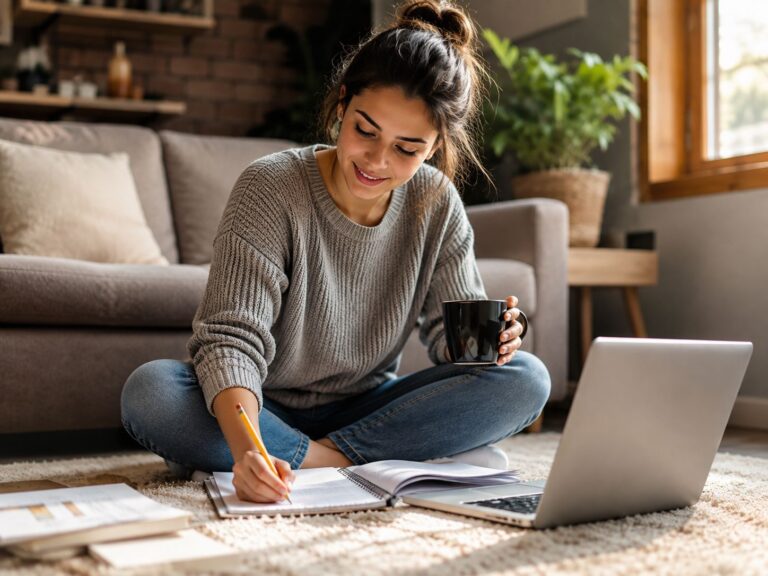 Estudante a estudar em casa com portátil, caderno e apontamentos
