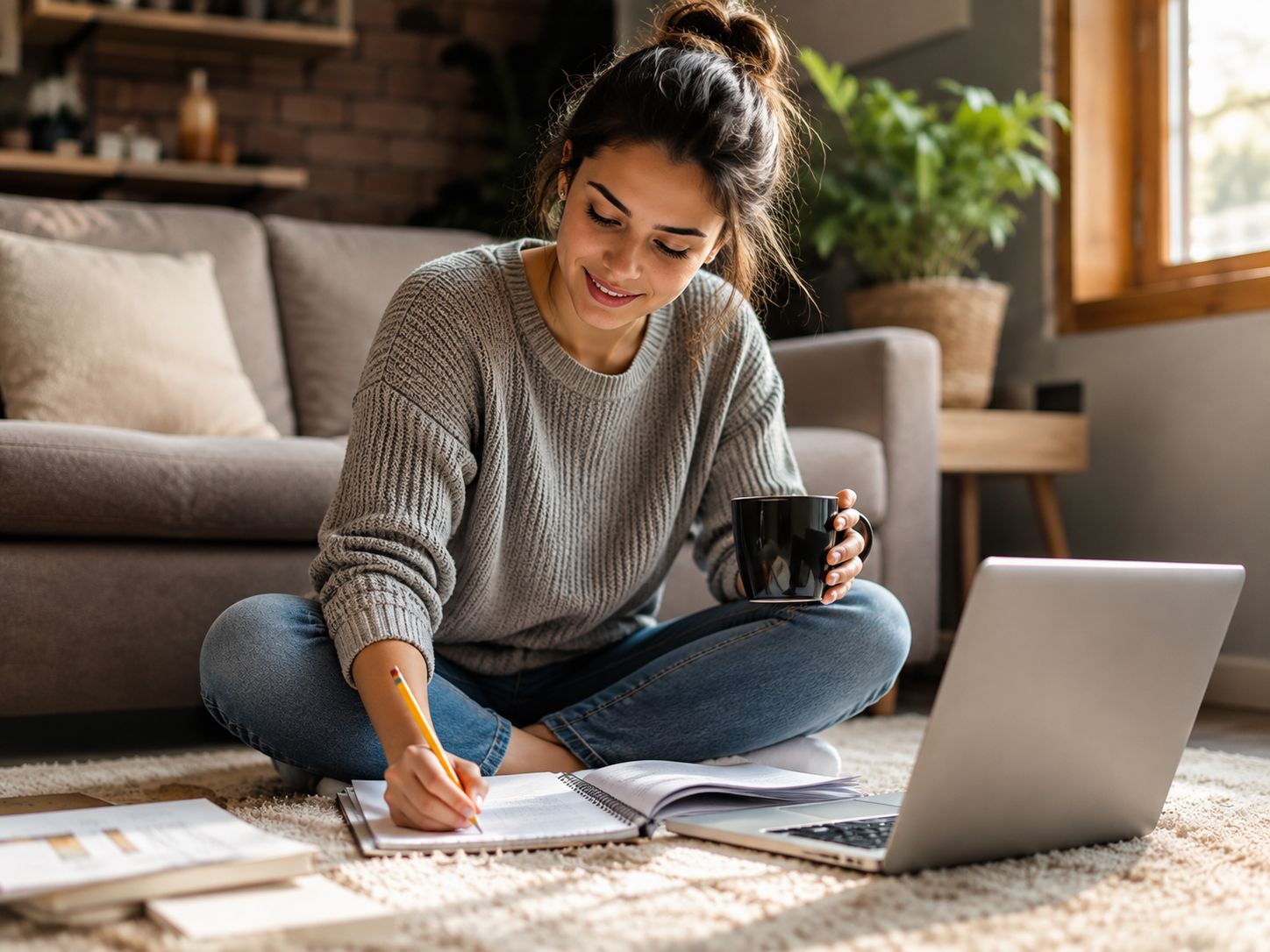 Estudante a estudar em casa com portátil, caderno e apontamentos