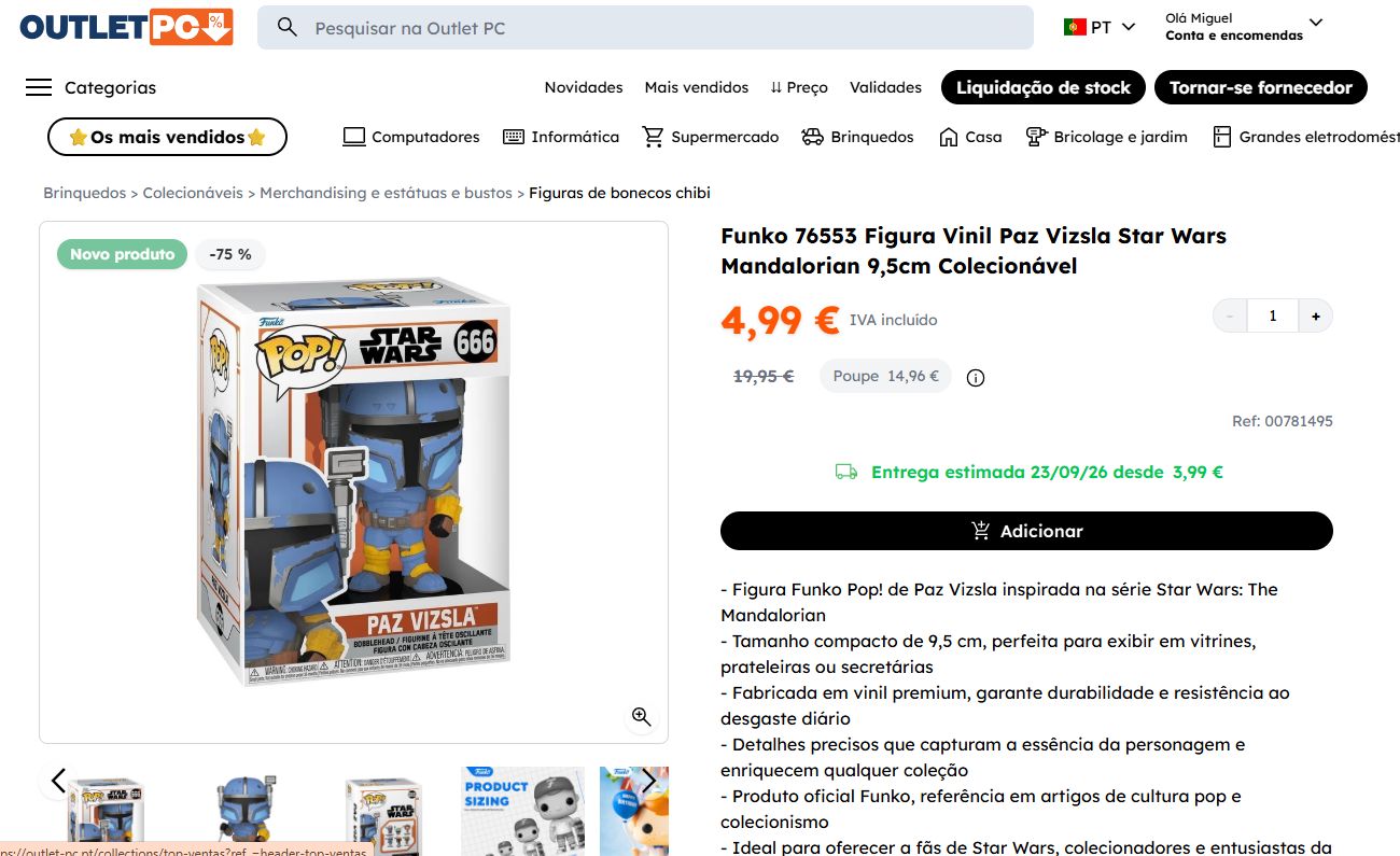 Funko Pop! Paz Vizsla de Star Wars à venda por 4,99€ na Outlet PC, com 75% de desconto