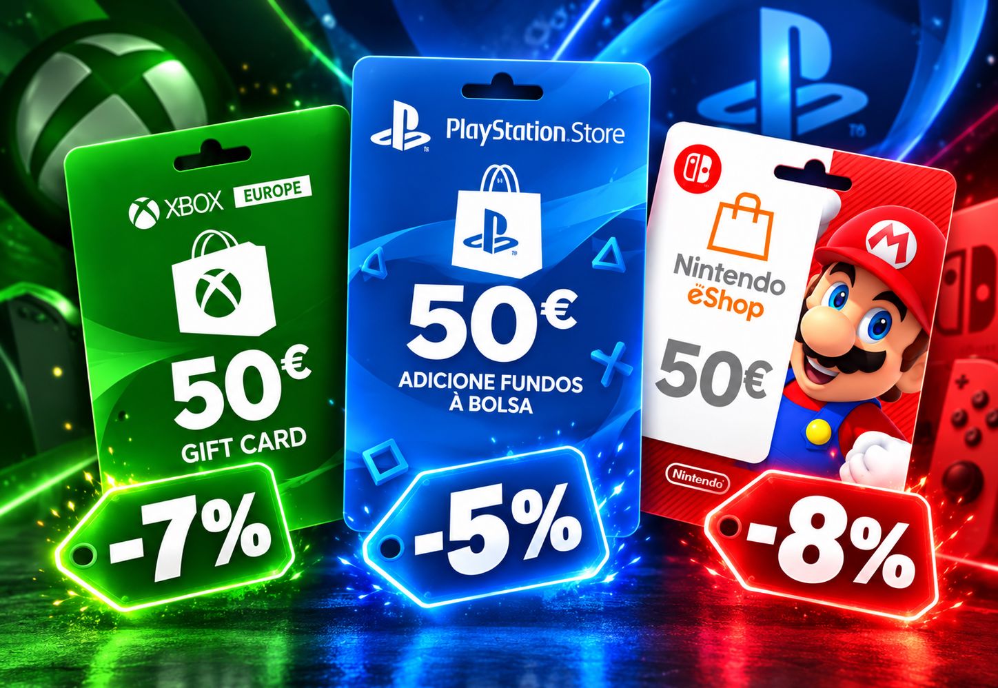 Gift cards de 50€ para PlayStation, Xbox e Nintendo com descontos de 5%, 7% e 8%