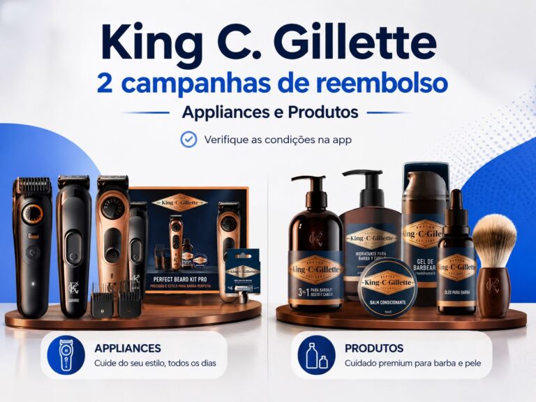 Imagem promocional das duas campanhas King C. Gillette na app Poupar é Ganhar, com appliances e produtos de cuidado da barba