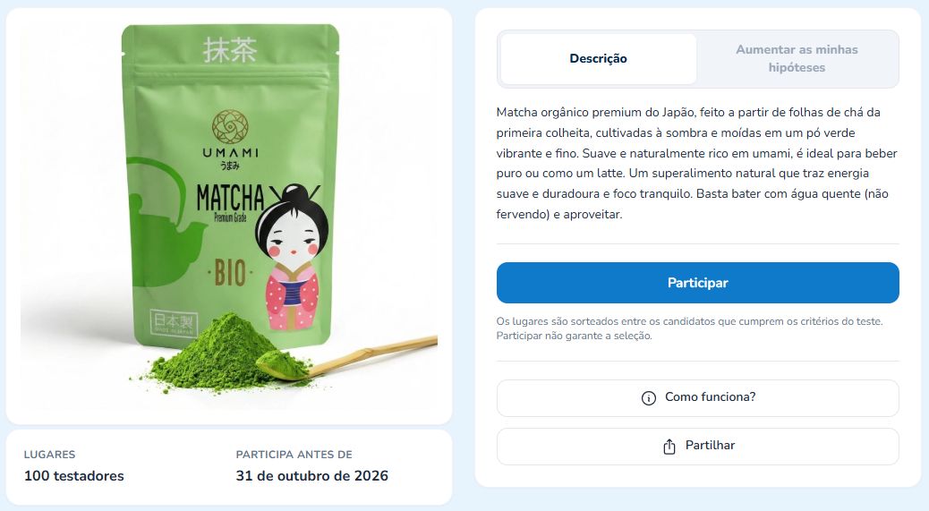 Experimente grátis pó de chá verde matcha orgânico através da Opinagora
