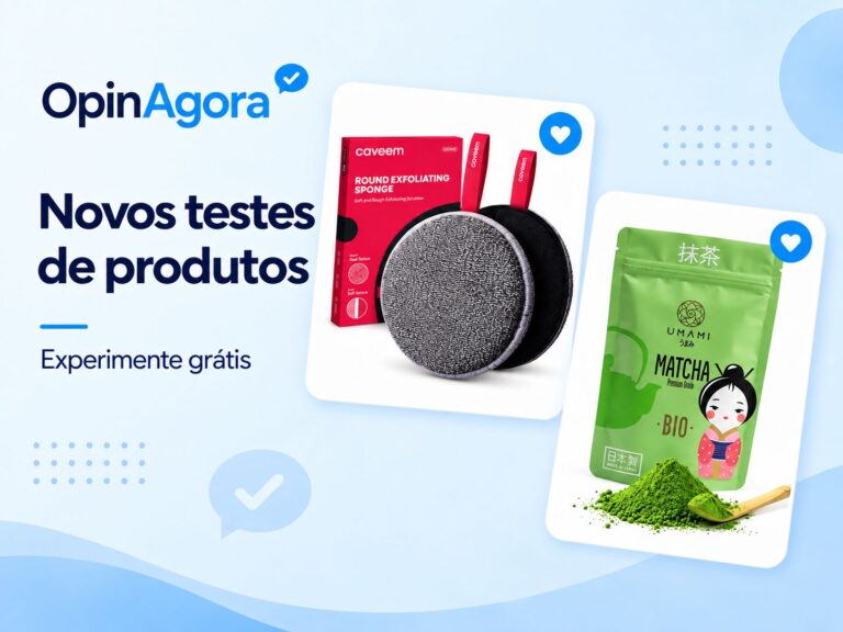 Novos testes de produtos na OpinAgora com esponja esfoliante corporal e matcha em pó