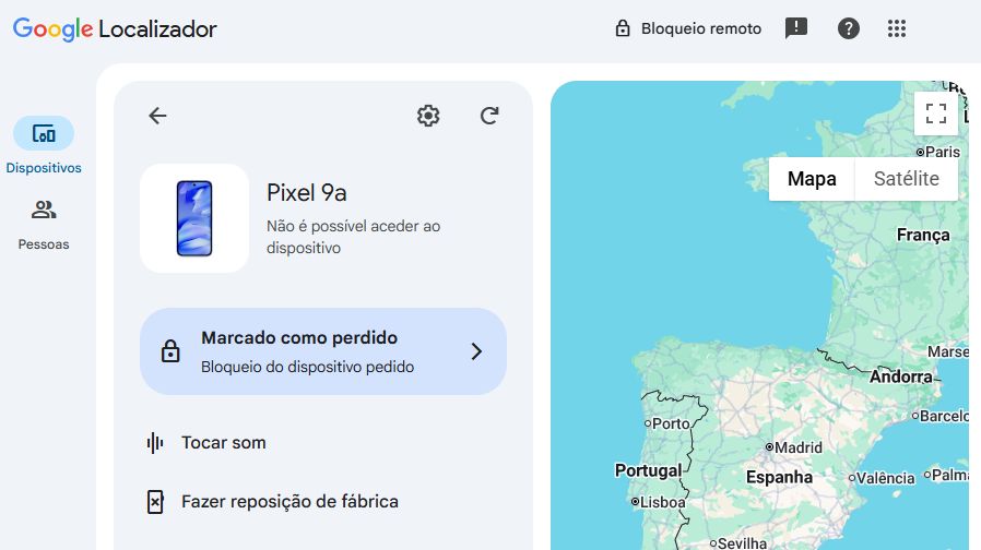 Localizador da Google a indicar que não é possível aceder ao Pixel 9a marcado como perdido