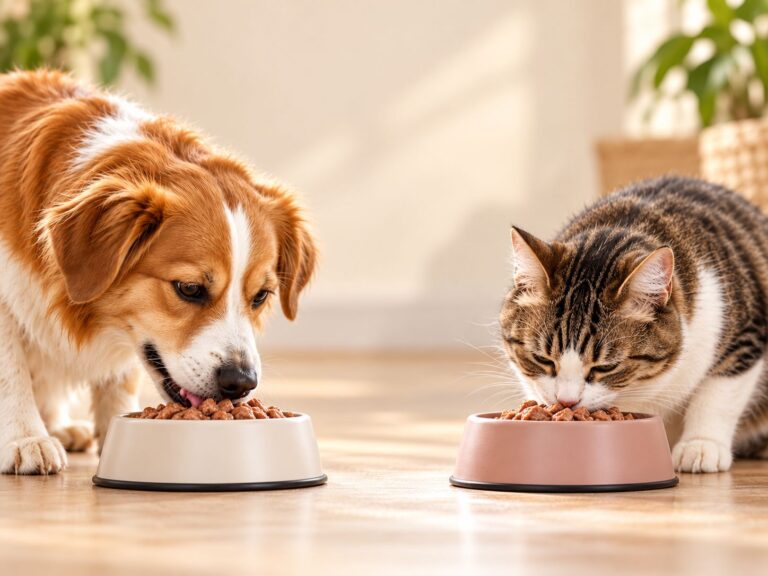 Cão e gato a comer comida húmida nas suas taças
