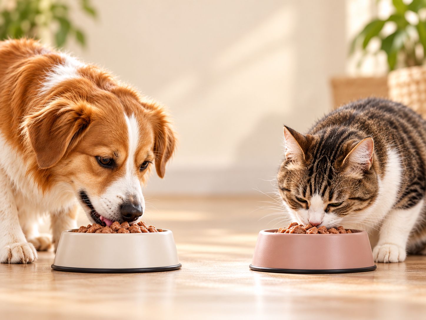 Cão e gato a comer comida húmida nas suas taças