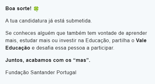 Mensagem de confirmação após submissão da candidatura ao Vale Educação