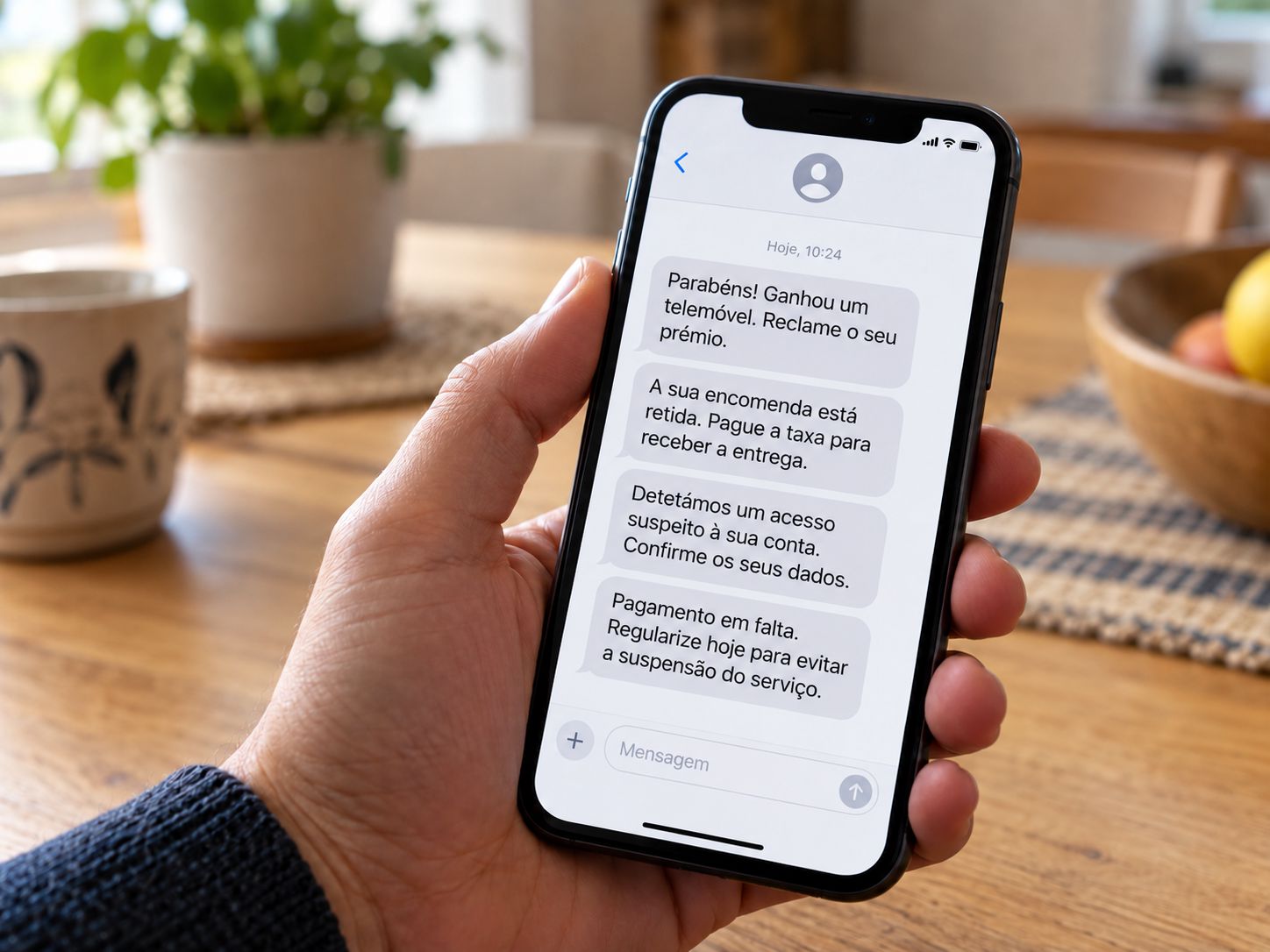 Telemóvel com exemplos ilustrativos de SMS sobre um prémio inesperado, uma encomenda retida, um acesso suspeito e um pagamento em falta