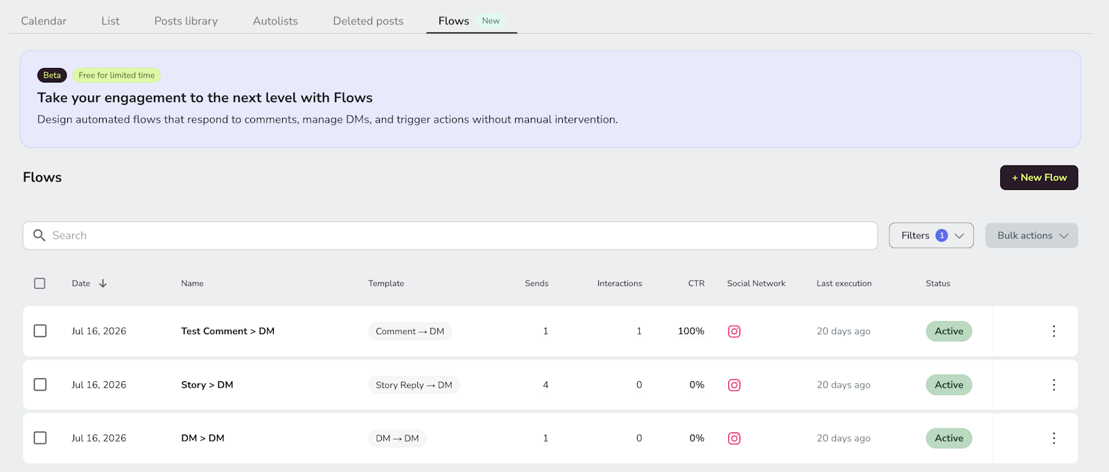 Painel Metricool Flows com automações para comentários, mensagens privadas e respostas a Stories no Instagram