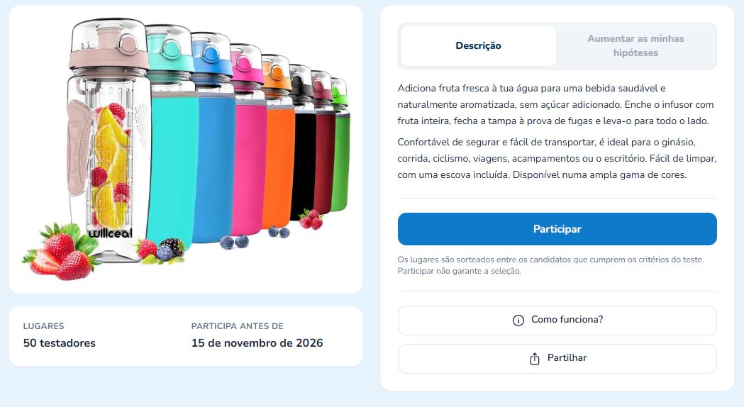 Experimente grátis garrafa infusora para água com frutas através da Opinagora